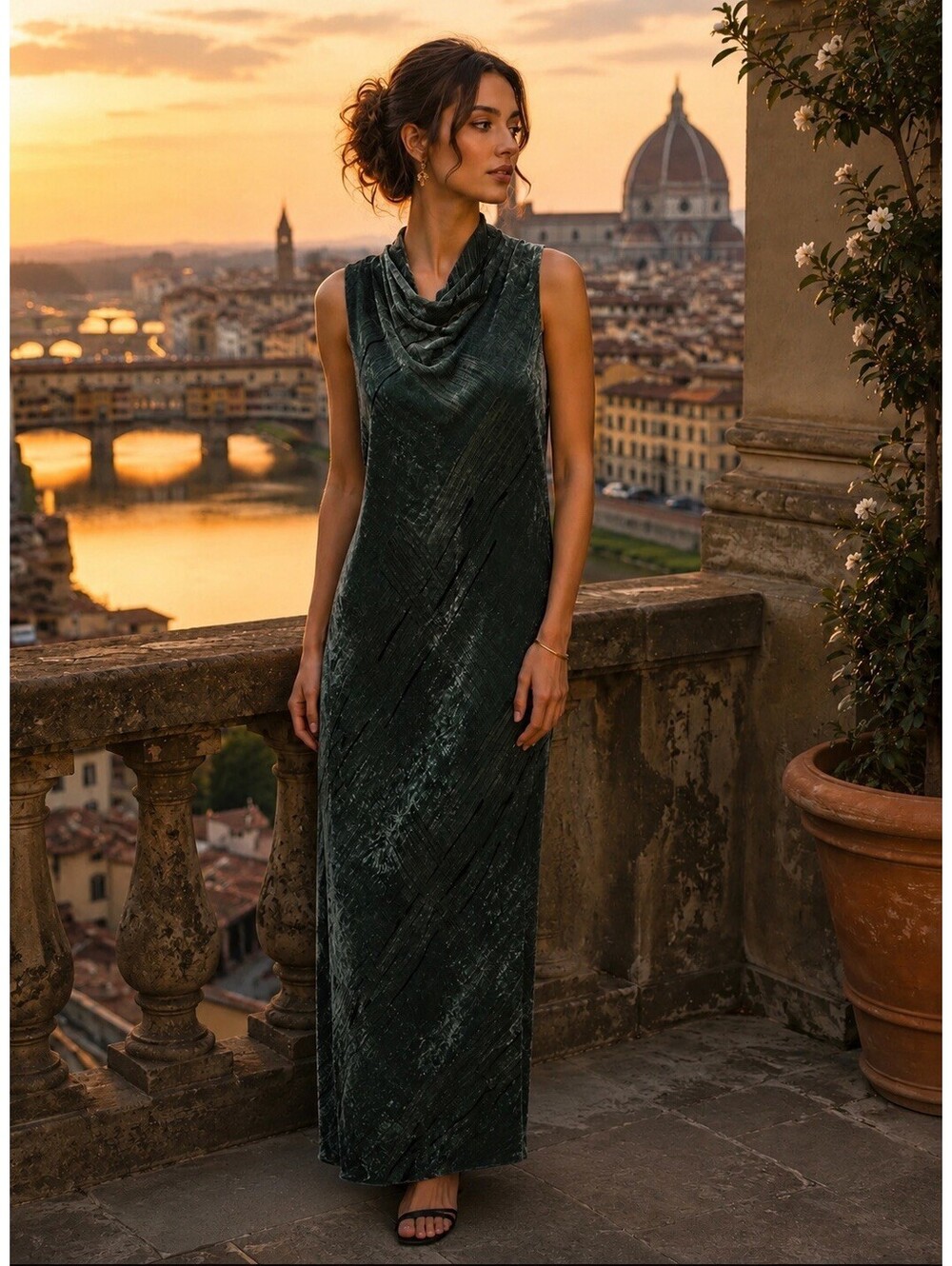 Emporio Armani Forest Green Velvet Cowl Neck Gown Size IT 42/ US 6